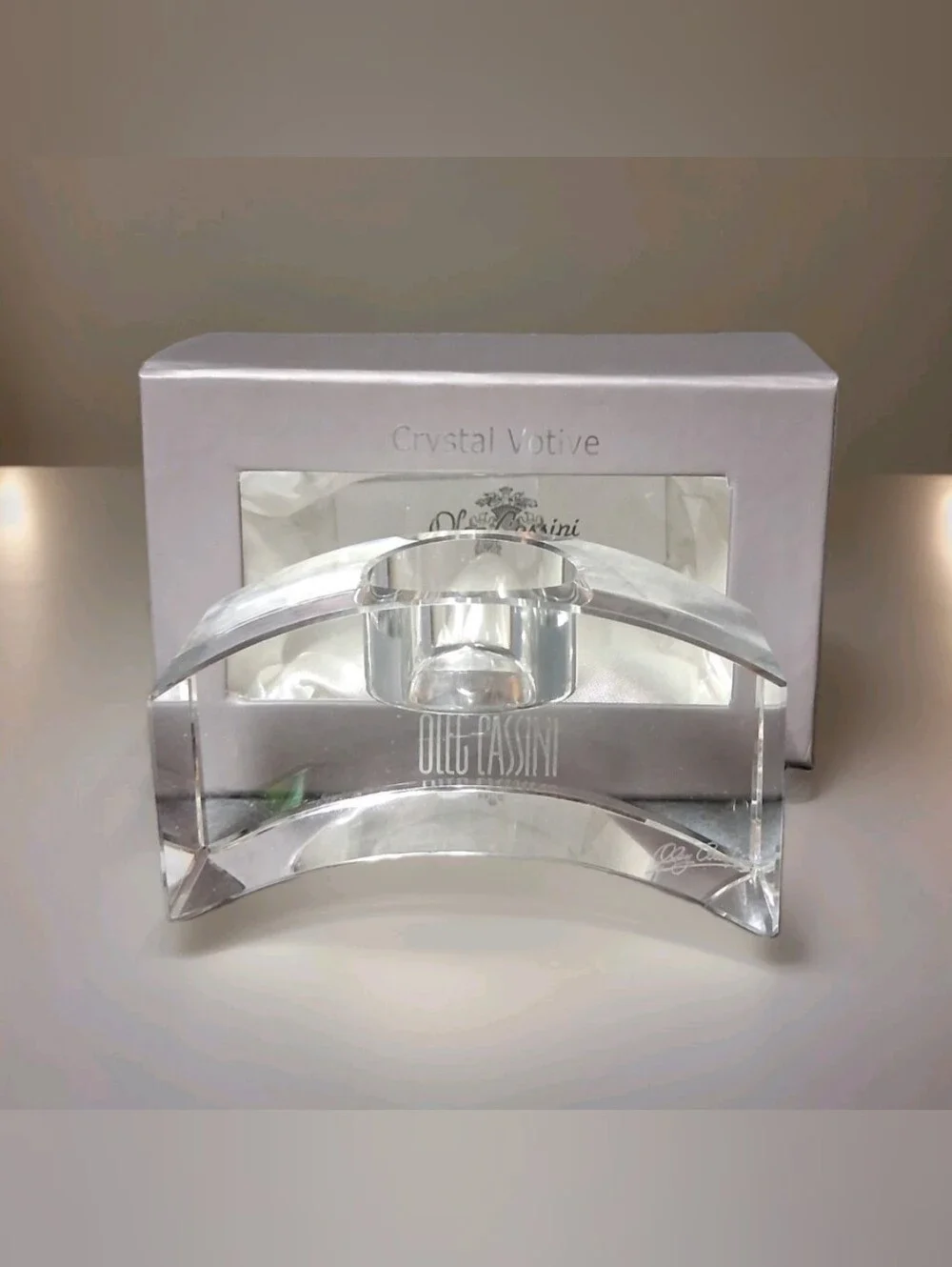 NIB Oleg Cassini Crystal Votive Candle Holder  CONVEX Etched Signature